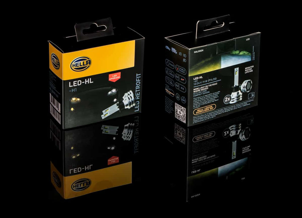 Hella H1 LED Retrofit Bulbs: Bright White Daylight Effect Headlight Upgrade Kit