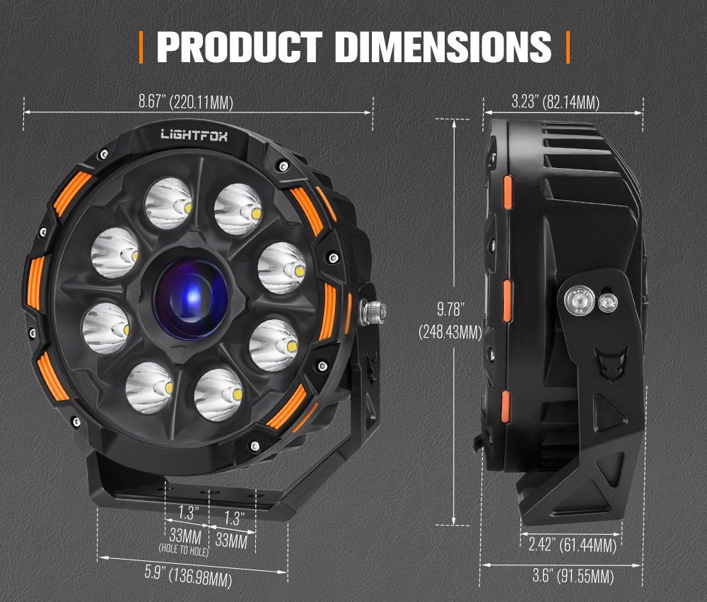 Lightfox 9-Inch Laser LED Driving Lights: 7,302ft Range, 15,046 Lumens, IP68