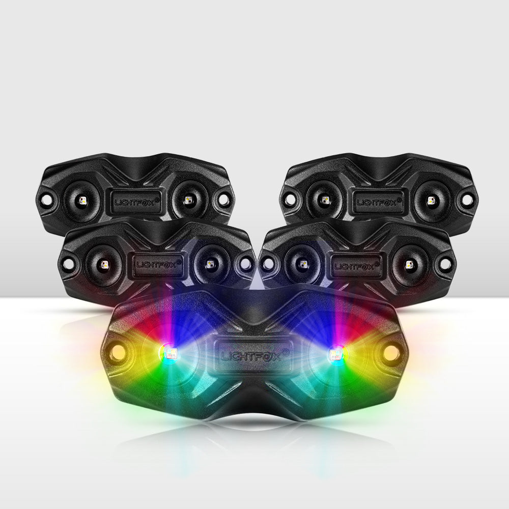 Lightfox RGBW LED Rock Lights 4-Pack: Bluetooth Controlled, Waterproof Off-Road Underbody Lighting