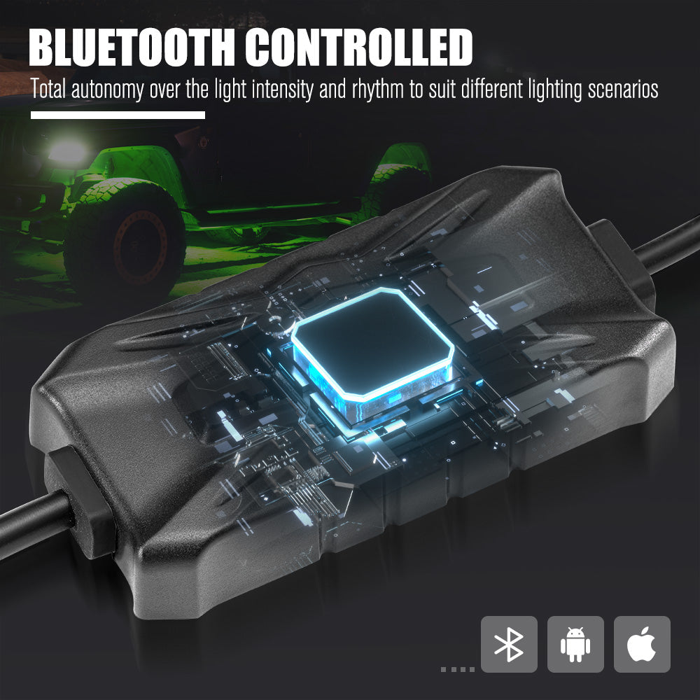 Lightfox RGBW LED Rock Lights 4-Pack: Bluetooth Controlled, Waterproof Off-Road Underbody Lighting