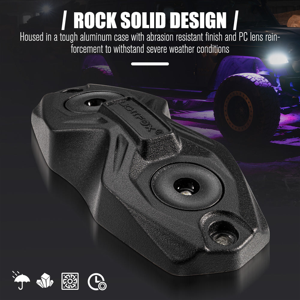 Lightfox RGBW LED Rock Lights 4-Pack: Bluetooth Controlled, Waterproof Off-Road Underbody Lighting