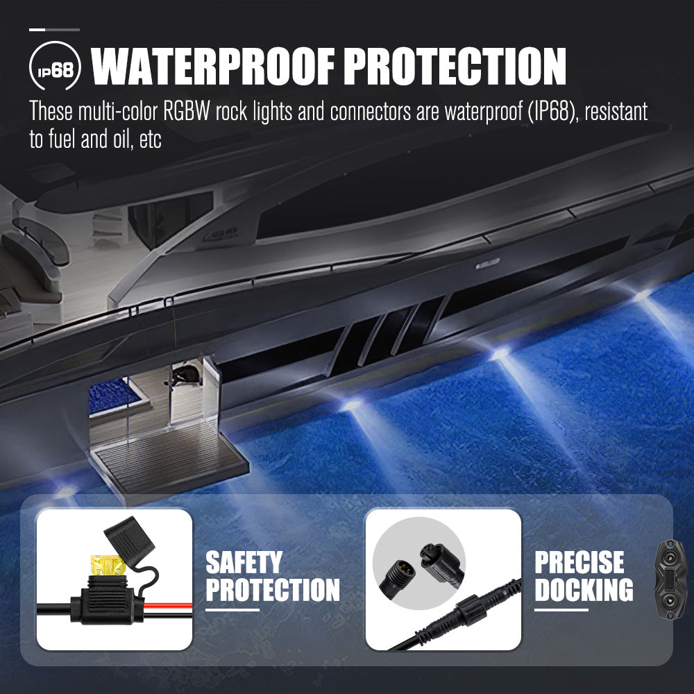 Lightfox RGBW LED Rock Lights 4-Pack: Bluetooth Controlled, Waterproof Off-Road Underbody Lighting