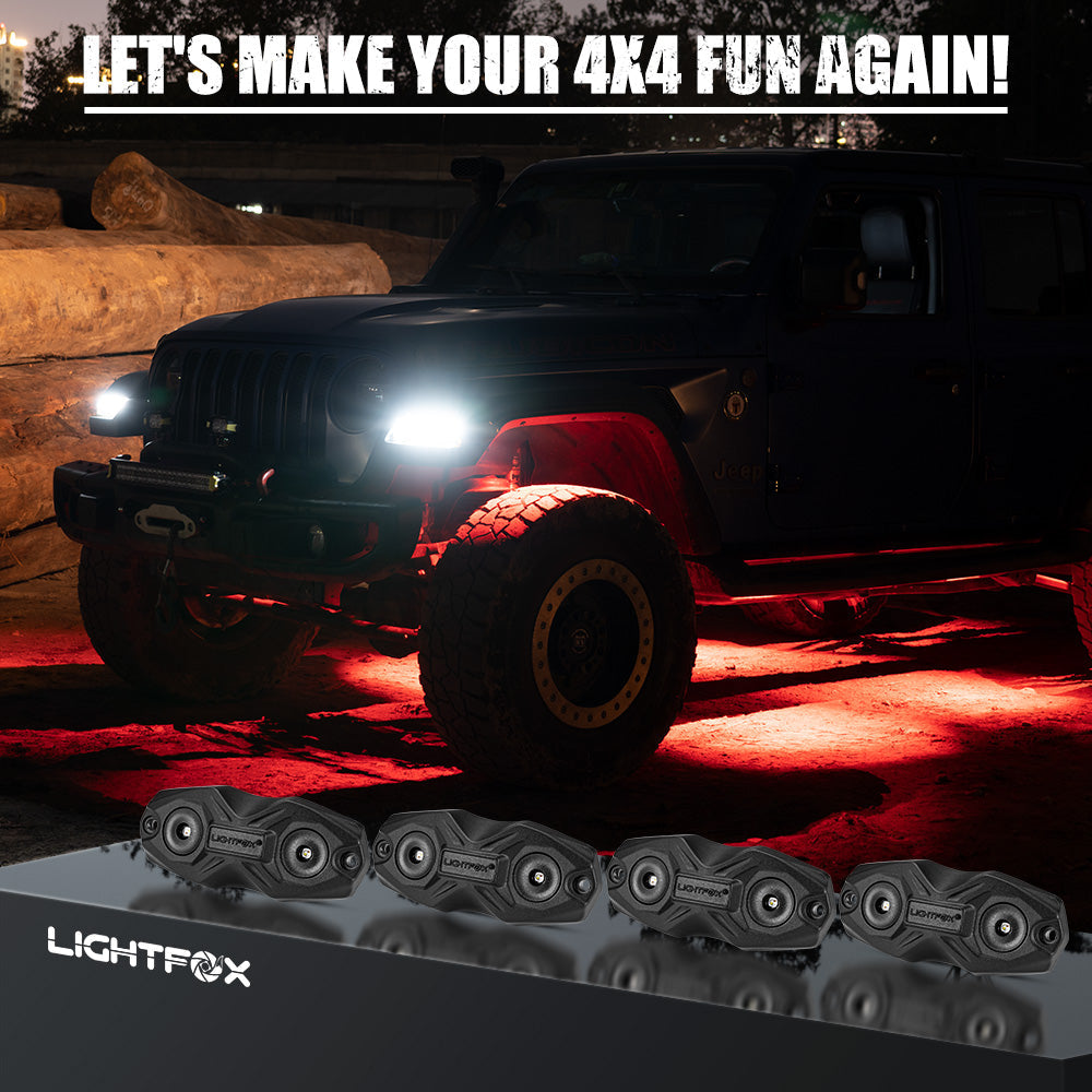 Lightfox RGBW LED Rock Lights 4-Pack: Bluetooth Controlled, Waterproof Off-Road Underbody Lighting