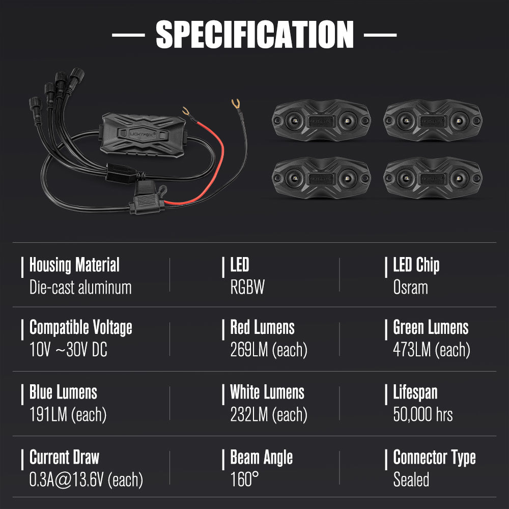 Lightfox RGBW LED Rock Lights 4-Pack: Bluetooth Controlled, Waterproof Off-Road Underbody Lighting