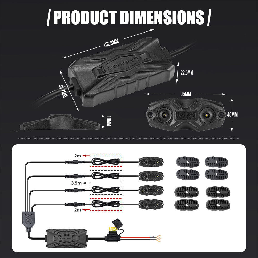 Lightfox RGBW LED Rock Lights 4-Pack: Bluetooth Controlled, Waterproof Off-Road Underbody Lighting
