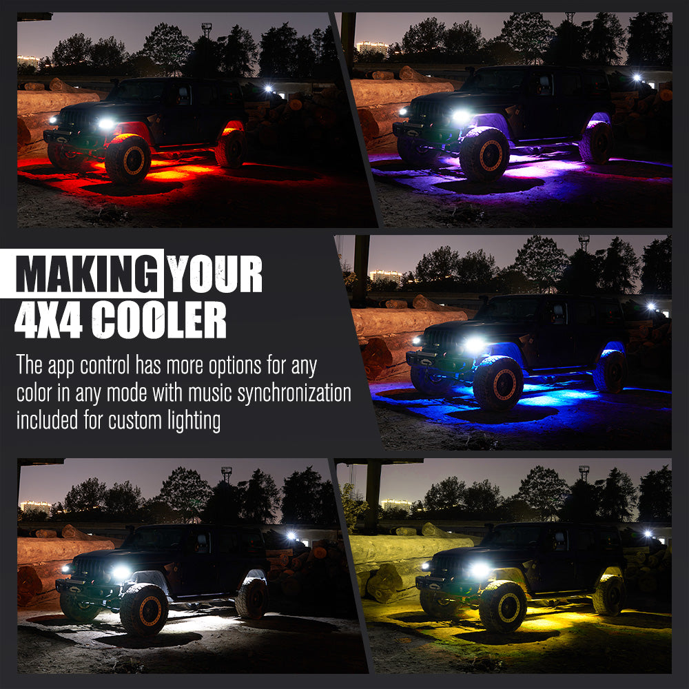 Lightfox RGBW LED Rock Lights 4-Pack: Bluetooth Controlled, Waterproof Off-Road Underbody Lighting
